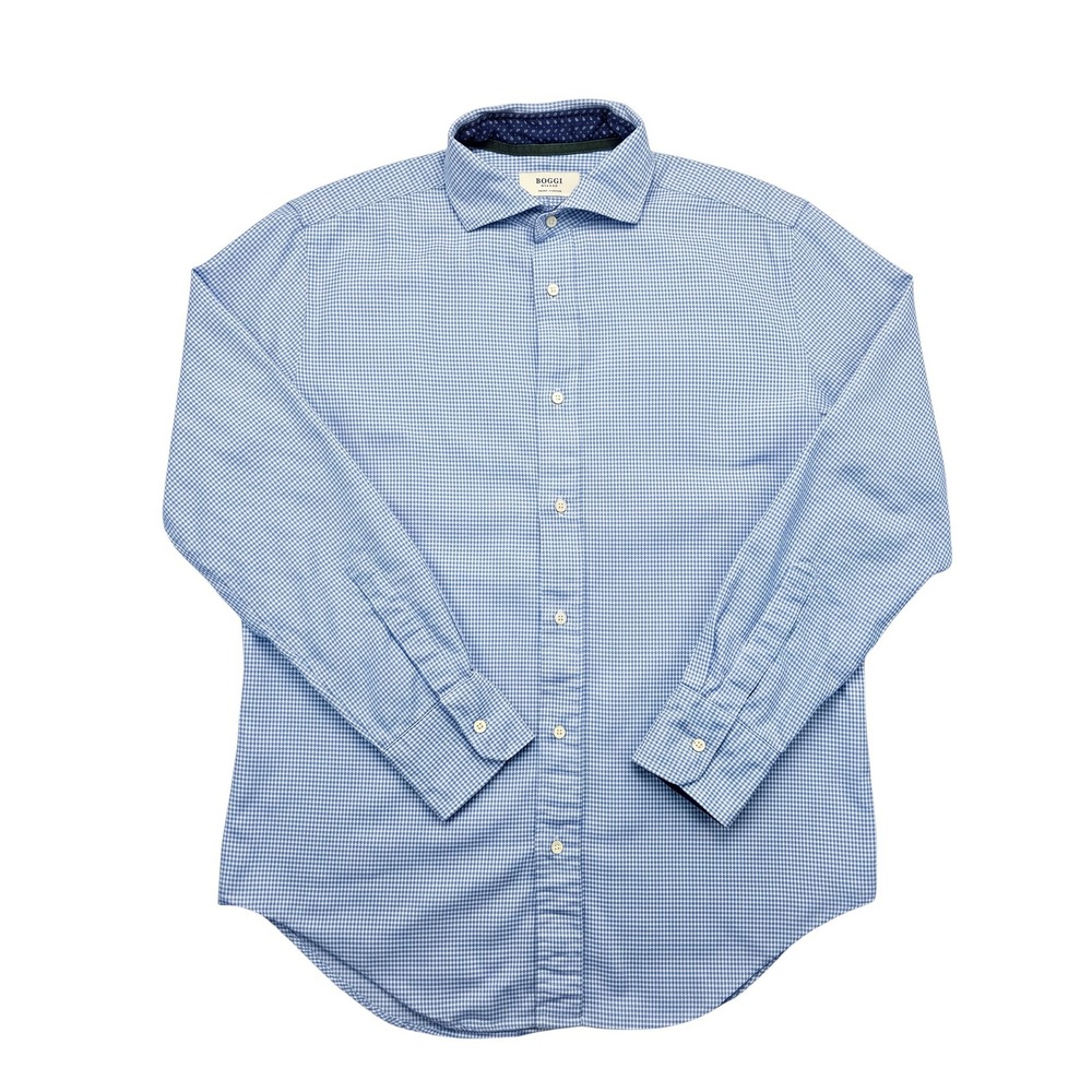 Boggi Milano New Classic Mens Blue Houndstooth Button Down Shirt Spread Collar - Picture 2 of 9